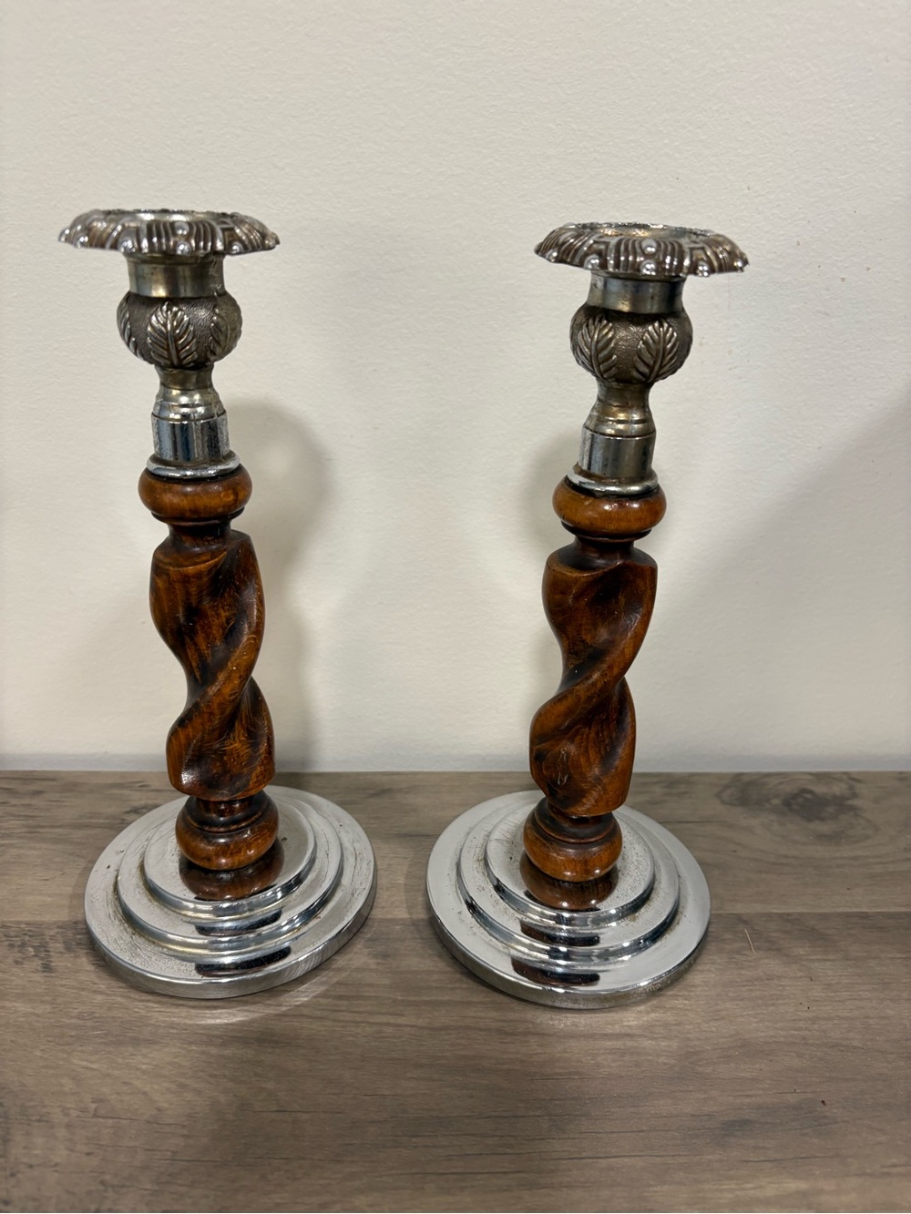 Vintage English Barley Twist Oak and Silver Candlestick Holders  - A Pair